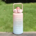 2000ml large capacity gradient pink blue water bottle with time markers and handle - Frosted Pink with English Text 2000ml
