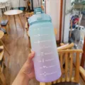 Gradient blue and purple large sports water bottle with straw and time marker - 2000ml / Gradient Green