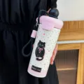 Χαριτωμένο μπουκάλι νερού από ανοξείδωτο ατσάλι 316 με μαύρη γάτα και πρακτικό ροζ καπάκι. - Μπουκάλι Με Βούρτσα / Μαύρο