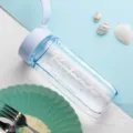 Detailopname van een lichtblauwe plastic waterfles met de tekst 'Believe' erop - 600ml / Transparant blauw