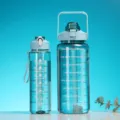 Cyan 2-piece large capacity plastic water bottle set with motivational time markers - 2000ml+750ml Set / Sea Green