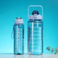 Two-piece blue gradient plastic water bottle set with motivational time markers and straw - 2000ml+750ml Set / Light Blue