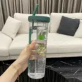 Minimalist clear plastic water bottle with green lid and straw and flower tea infuser. - First Gen Tea Filter Cup / 700ml / Green