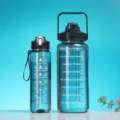High-capacity two-piece gradient plastic water bottle set with straw and time scale markings - 2000ml+750ml Set / Black
