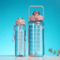 High-capacity pink and blue plastic water bottle set with straws and time markers - 2000ml+750ml Set / Pink