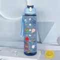 Transparent plastic sports water bottle detail view featuring time markers and cute cartoon stickers. - Transparent Blue