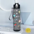 Clear gradient water bottle detail showing time markers and cute 3D motivational stickers inside. - Transparent Black