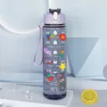 Clear plastic motivational water bottle with purple lid, time markers and cute stickers for sport. - Transparent Purple