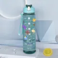 Gradient plastic sports water bottle with time marker, straw, and portable handle for fitness. - Transparent Green