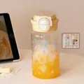 Kawaii large capacity star print straw water bottle with assorted DIY 3D stickers - With 3D Stickers / 500ml / White Yellow