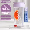 Μωβ φορητό μπουκάλι νερού 600ml με καλαμάκι, φίλτρο τσαγιού και ιμάντα μεταφοράς - 600ml / Μωβ