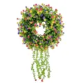 Close-up of colorful artificial flower wreath with eucalyptus leaves and trailing vines - Multicolor Floral Eucalyptus Wreath / Multicolor