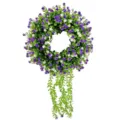 Decorative artificial eucalyptus wreath with purple flowers and trailing greenery - Purple and White Floral Eucalyptus Wreath / Purple White