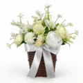 Artificial peony and narcissus flower basket with silver satin ribbon for door decoration - White Peony Flower Basket