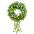 Detailed view of colorful artificial rose wreath with hanging eucalyptus vines. - Easter Egg Rose Eucalyptus Wreath / Colorful