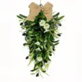 Artificial olive teardrop wreath with a large burlap bow and white morning glory - Olive Morning Glory Teardrop
