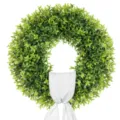 Detailed view of lush green artificial boxwood wreath featuring a white ribbon bow accent - Boxwood Wreath (With White Sash) / 45cm
