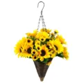 Artificial sunflower arrangement in a cone-shaped brown woven hanging basket for home decor - Sunflower Hanging Basket