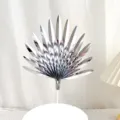 Silver fan cake topper, metallic paper leaf baking decoration for birthday party celebration. - 16cm / Silver Glossy