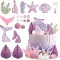 Detailed view of 22pcs mermaid cake topper set including tails shells and sea stars for party. - Mermaid Tail Seaweed Seashell Cake Topper / 22-Piece Set