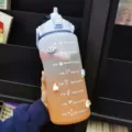 Large capacity gradient plastic water bottle with time markers, straw and cute cartoon stickers. - Single Cup (with 4 Random Stickers) / Gradient Blue - 2000ml