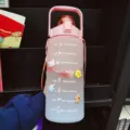 Large capacity gradient plastic water bottle with time markers and cute 3d charms for sports. - Single Cup (with 4 Random Stickers) / Gradient Pink - 2000ml
