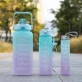 Gradient 3-piece water bottle set, large capacity frosted sports jug with time marker. - Three-Piece Set / Sea Green