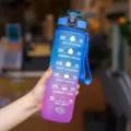 Gradient sport water bottle with time markers, large capacity plastic fitness kettle for sports. - Blue Lid