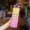 Gradient plastic water bottle with time markers, large capacity sports bottle with strap. - Rose Red Lid
