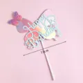 Glistening iridescent butterfly cake topper with Happy Birthday script, 13cm width - 13cm / Blue Letter With Silver Base