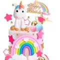Unicorn birthday cake topper set with colorful rainbow cloud and stars for kids party decor - Blue, Pink, Rose Red & Gold Unicorn Birthday Series