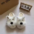 Cute Westie puppy plush linen slippers for women and men, cozy indoor home couple shoes. - 36-37 / White Puppy