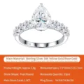 Bague en argent sterling S925 avec une moissanite de 2ct taillée en poire chic - Taille US 5 / Bague Forme Poire 7*10mm