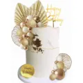 Kit de déco de gâteau bohème avec feuilles éventail dorées, ballons et toppers Happy Birthday. - Ensemble bohème en or blanc