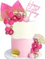 Bohemian birthday cake topper details featuring pink balloons, gold fans, and happy birthday sign. - Bohemian Rose Red Set