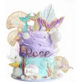 Mermaid birthday cake topper set with mermaid tails, pearl balls, and custom name decor. - 26-Piece Mermaid Tail Transparent Pearl Balls