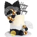Ensemble de déco de gâteau bohème avec feuilles et boules dorées argentées pour anniversaire. - Ensemble bohème noir, doré et argenté
