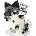 Ensemble de décoration de gâteau noir et argent joyeux anniversaire boules éventails - Ensemble bohème noir et argenté