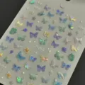 Macro detail of holographic laser butterfly stickers with shimmering iridescent finish - Butterfly Wing Iridescent Sticker
