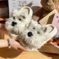 Fluffy puppy house slippers detail, cozy plush material with cute dog design for indoor wear. - 36-37 / White
