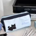Light blue canvas pencil case with cute black cat print, large capacity stationery bag. - Black Cat Print (Without Pendant) / Light Blue