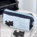Large capacity light blue pencil case with a cute black cat and Ice Crystal Blue text. - Blue Cat (No Pendant)