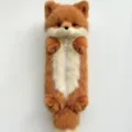 Cute plush fox pencil case detail, soft furry animal stationery pouch with zipper for students. - Brown
