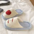 Cute red apple plush cotton slippers for winter indoor warmth cozy soft comfortable house shoes - Blue Plaid Apple Embroidered Cotton Slippers