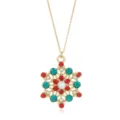 Christmas snowflake pendant necklace with red and teal rhinestones and center pearl - Pearl Snowflake Necklace