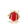 Detail van een rode glitter cadeau-broche met een gouden strik en glanzende strass. - Rode Cadeaudoos