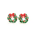 Detail of festive Christmas wreath stud earrings with red bow and green enamel finish. - Christmas Wreath