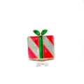 Macro view of Christmas gift box brooch with red and green enamel and silver glitter - Striped Gift Box