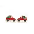 Detailed macro view of red Christmas truck enamel stud earrings featuring festive tree design. - Car