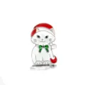 Detailed macro view of the white enamel Christmas cat brooch with red Santa hat. - Christmas Cat
